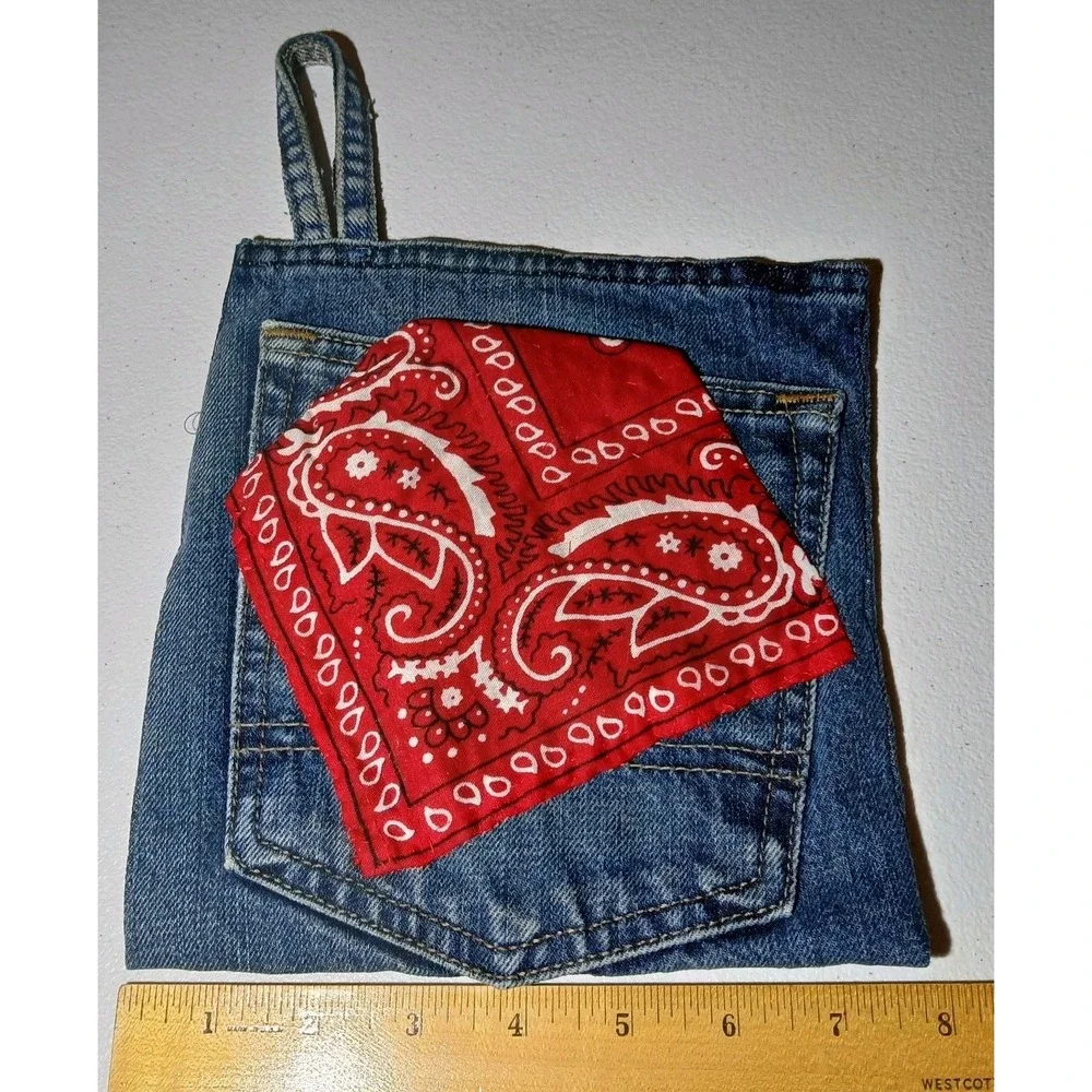 KITCHEN DENIM JEANS HOT PAD, Country LIFE RED‎ HANKERCHEIF #1259